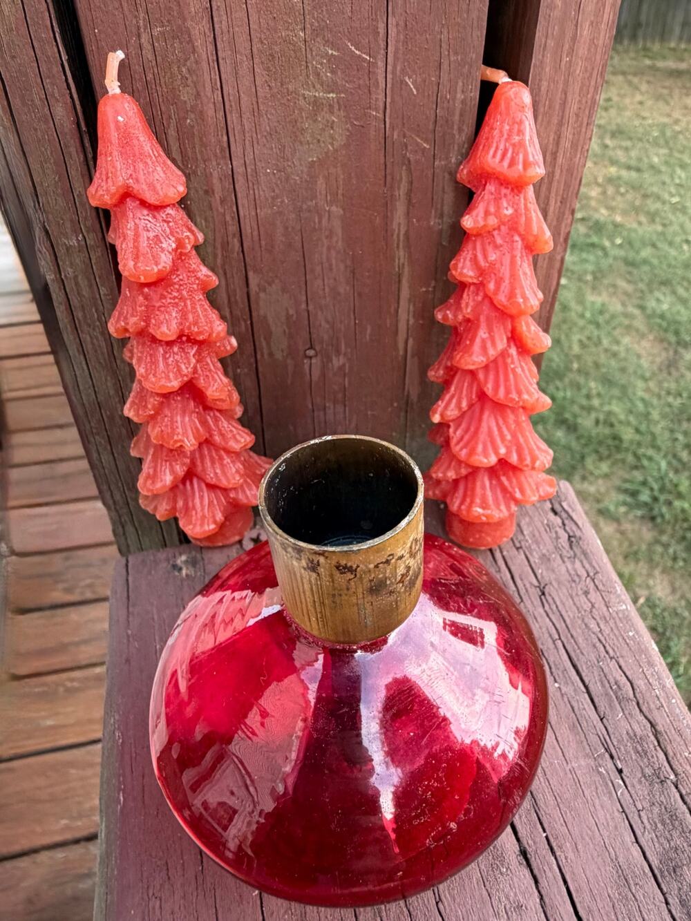 Vtg Mid Century Ruby Red Glass Candle Holder 4.5" Christmas Tree Taper Set